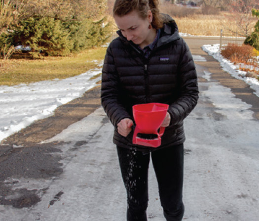 Woman salting driveway